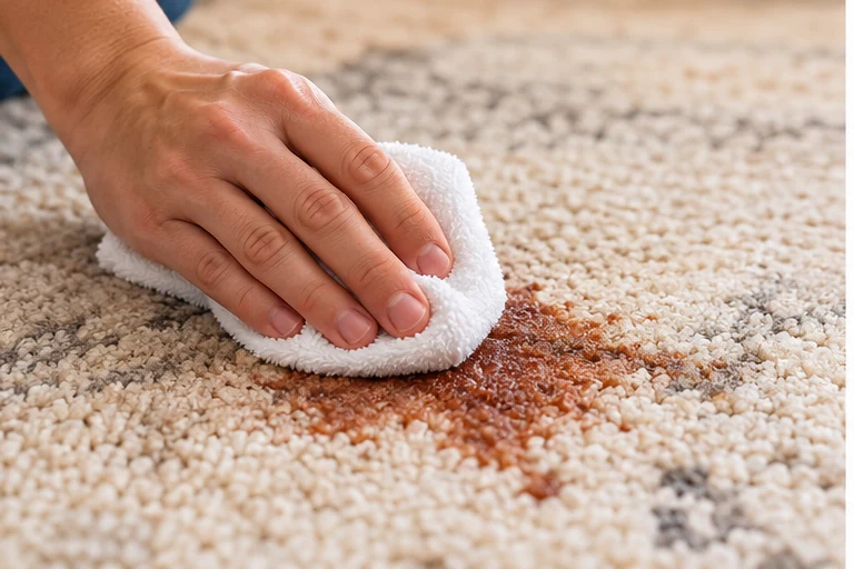Avaliação cuidadosa de uma mancha em tapete